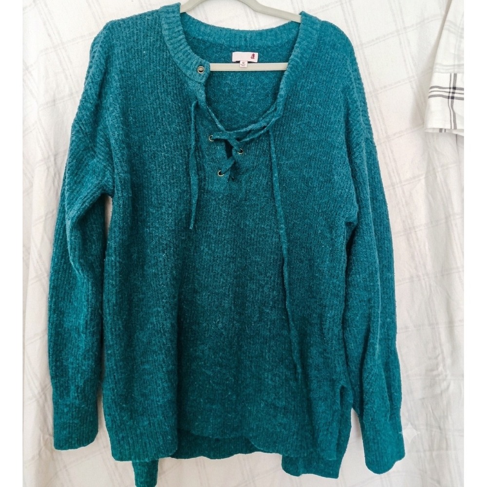 SO Womens M Teal Green Lace Up Henley Ribbed Oversized Knit Sweater